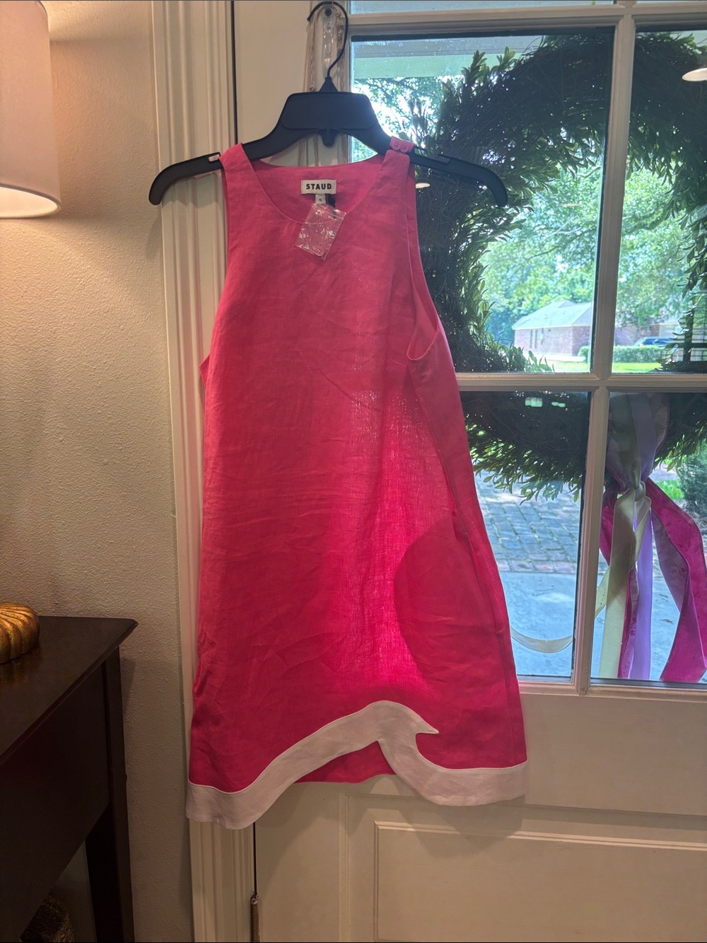 STAUD Allori Hot Pink Linen Shift Dress with White Curved Hem